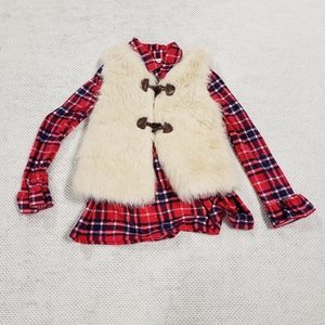 Little Lass Girls Plaid Shirt  Faux Fur Vest Size